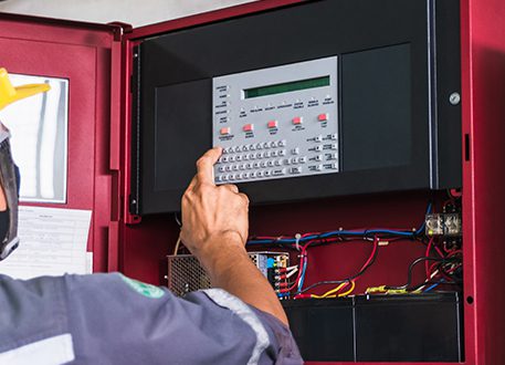 Technician Checking doing work Maintenance fire alarm system in a factory Fire protection Factory safety Qiao Shan Installation